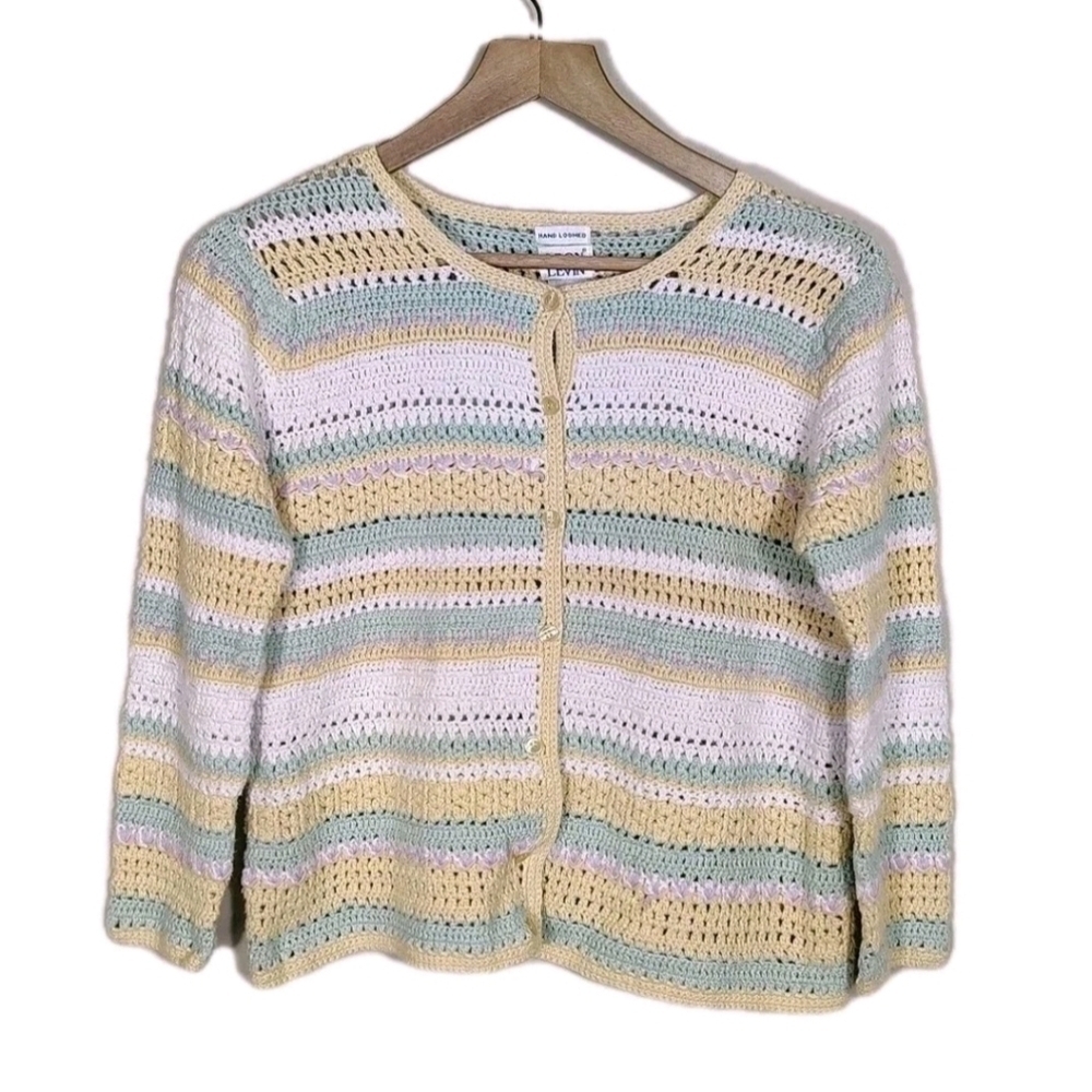 Vintage Womens Coquette Crochet Cardigan Sweater L Pastel Soft Girl Feminine